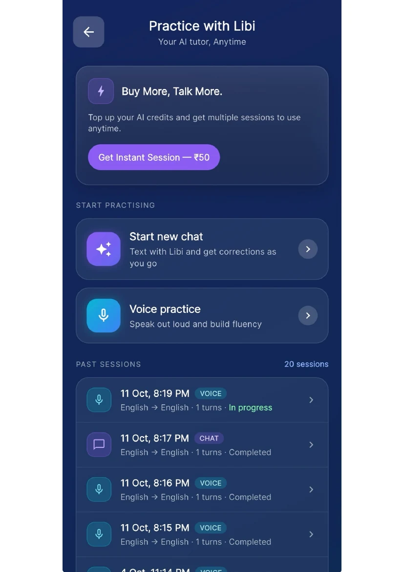 Practice with Libi app home and past sessions